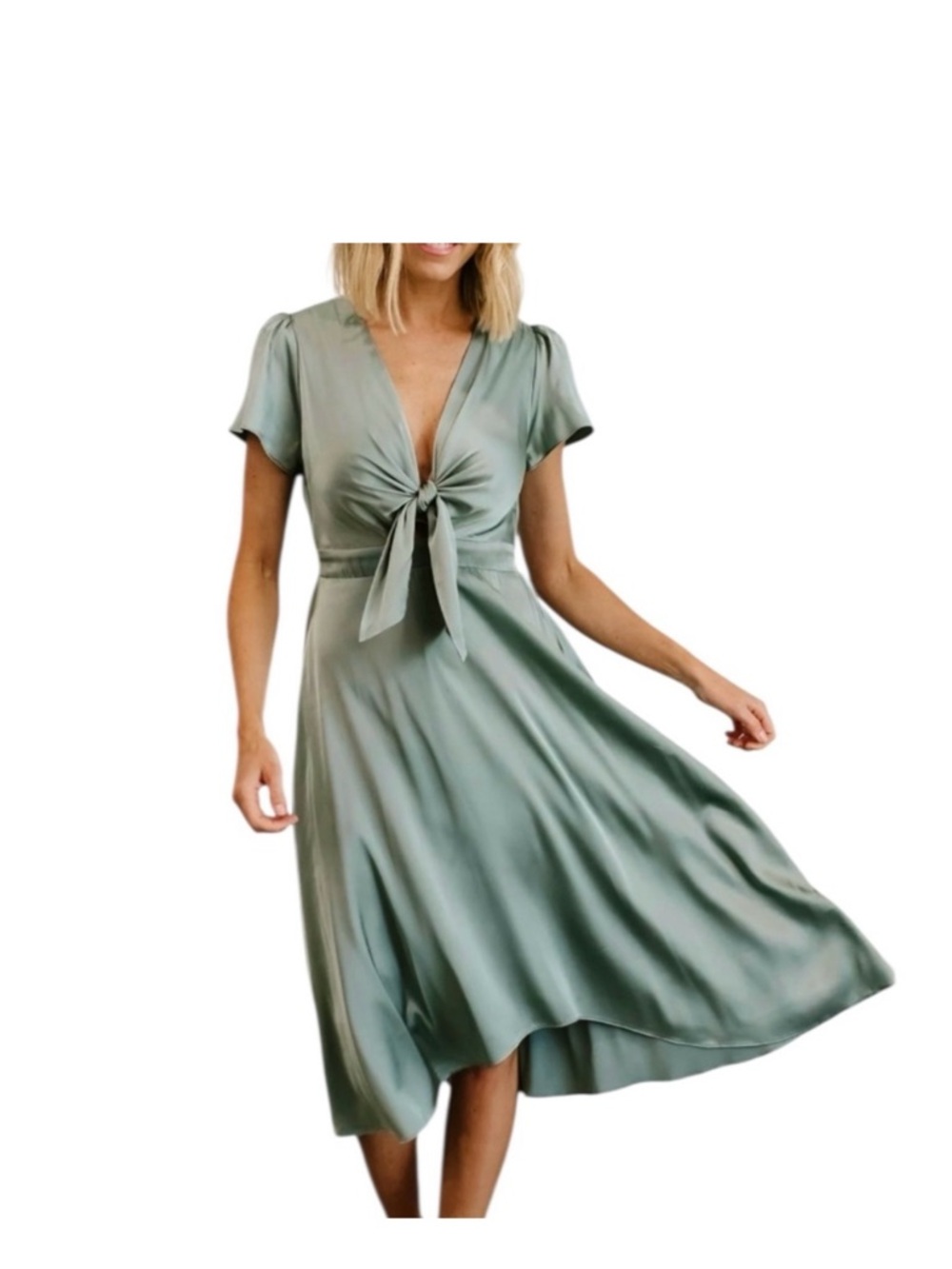 Baltic Born Sage Tie-Front Satin Midi Dress